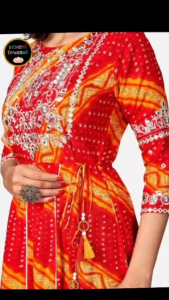 [Ready SG Stock] Red Bandhani Print & Embroidered Anarkali Rayon Kurti \ Gown with Waist String- Indian Dresses