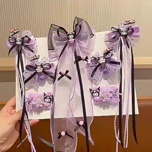 Fahion Cartoon Princess Mesh Bow Hair Clip for Kids Kuromi Ribbon Hair Clip Fashion Cute Girls Black Purple Color Kuromi Hair Accessories Girls Bow Hairpin Influencer Little Princess Streamer Back Headdress Children Hairpin