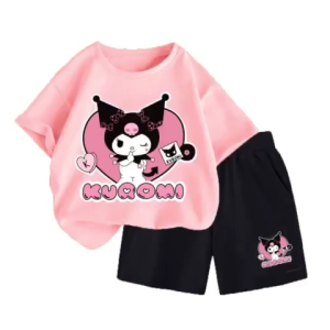 Set bộ quần áo cộc tay phù hợp cho bé vào mùa hè hình Kuromi Trái Tim đáng yêu chất vải cotton mềm mịn co giãn thoáng mát size từ10-53kg