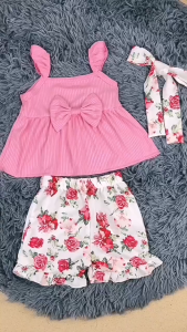 Baby Girl Clothes Set 3-24 Months Fashion Newborn Baby Girl Outfit Solid Bow Sleeveless T-shirt Floral Shorts 2PCS Summer Girl Party Clothing Suit