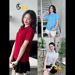 Áo thun nữ POLO BEE cổ trụ tay ngắn phối 1 sọc basic màu xanh đen trơn vải cá sấu cao cấp công sở