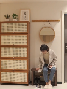 Bamboo Shoe Cabinet Shelf Storage Organizer Shoe Racks Wood Heavy Duty Sliding Rattan Door Shoe Cabinet Space Saver