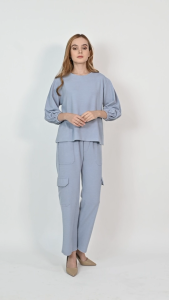 QUEENTIN One-Set Kargo Wanita 0419 Stretch Snowy Rib Knit Polos Lengan Panjang 7/8