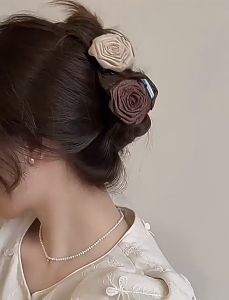 Jepit Rambut Korea Bunga Mawar Bahan Kain Crepe Embos Retro HFFR004