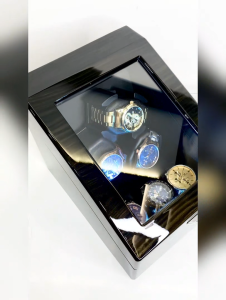 Hộp Lên Dây Cót Đồng Hồ Cơ 3 Xoay + 3 Tĩnh Vỏ Gỗ Màu Rêu Có Đèn LED - Hộp Xoay Đồng Hồ 3 Xoay 3 Cố Định Gỗ Sơn Mài CW188