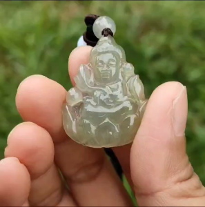 Icy Yellow Natural Type A Jadeite Pendant Necklace crafted as Baby Guanyin seating on Lotus with certificate weigh 4.78 grams measurement 31.5 * 26 * 4.3 mm (pendant40)