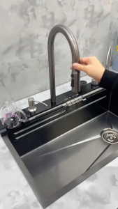 304 Stainless Steel Waterfall Kitchen Sink Embossed Single Slot Digital Display Lababo Kitchen sink Complete Set With Cup Washer