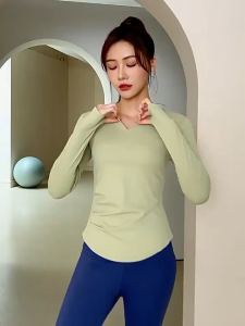 Atasan Olahraga Wanita: Kaus Olahraga Kerah V Lengan Panjang & Kaus Yoga Cepat Kering