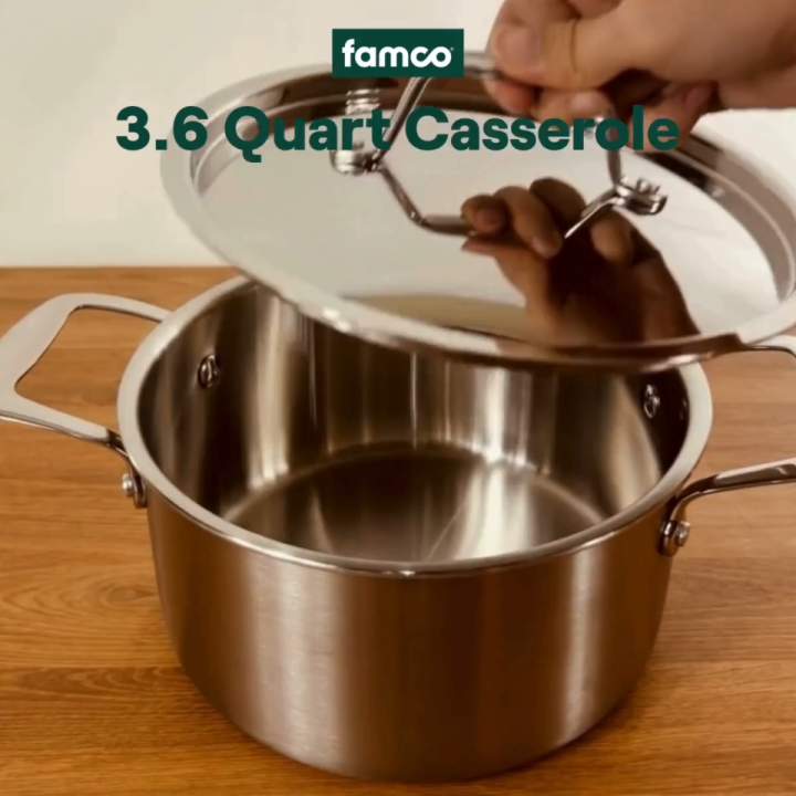 Famco 3.6 Quart Casserole 20cm, Tri-ply stainless steel construction, Rust-resistant, Induction compatible, Aluminum core, Even heating, Everyday use, Good for 8 servings, Double handles, Sleek Timeless design