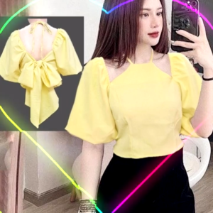 Áo Sơ Mi Kiểu Cổ Yếm Croptop Tay Bồng Dáng Lửng Hở Lưng Thắt Nơ Đũi Mềm Nhiều Màu Cho Nữ Đi Chơi May Bells Fashion