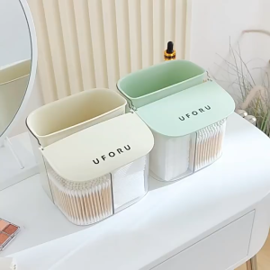 Multifunctional Storage Box Cotton Swabs Tampon Holder Wall Mounted Bathroom Organizer Cabinet Shelf Rack for Balls/Makeup Pads/Sponges/Bath Salts/Sanitary Napkins Punch-free Kitchen Bedroom Living Room Storage Bin with Lid Movable Desktop Trash Can