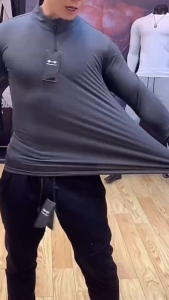 KAMB Sportswear Kaos Olahraga Pria Lengan Panjang Setengah Ritsleting Hitam Abu-abu