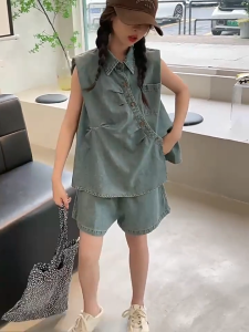 LHM Quần Áo Con Gái Bé Gai Quần Bò Cho Bé Gái Bộ Đồ Denim Cho Bé Gái Mùa Hè Phong Cách Mới Thời Trang Quần Short Denim Cho Bé Gái Bộ Đồ Hai Mảnh Mỏng