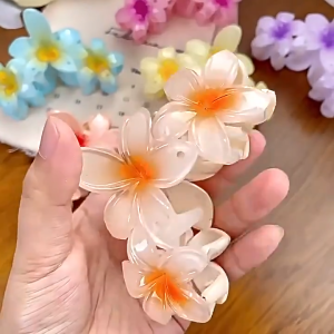 11cm Big Frangipani Flower Hair Claw Sweet Clear Plumeria Hair Clips Beach Holiday Hairpins for Women Girls Gradient Egg Flower Hair Barrette Headwears
