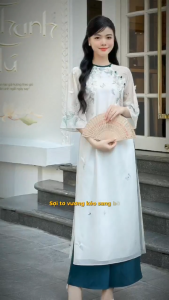 Áo dài cách tân nữ dáng suông tay phối voan tơ mềm mại 4 tà cao cấp in hoa bọc cúc truyền thống màu Trắng Thanh Lan