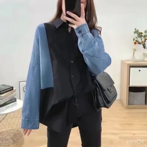 NANDO ATASAN KEMEJA DENIM KOMBINASI KATUN POPLIN OVERSIZED LENGAN PANJANG 025