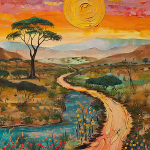 Tranh phong cảnh trừu tượng chiều hoàng hôn trên con đường nhỏ trong thung lũng tranh treo tường dán tườngCGI-799