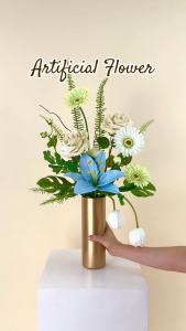 แจกันดอกไม้ประดิษฐ์ โทนเขียวฟ้า ดอกไม้ตกแต่งบ้าน ดอกไม้ปลอมพร้อมแจกัน