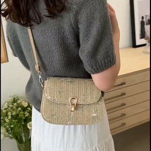 Baggie (Ready Stock) Women Straw Crossbody Bag Floral Lace Woven Rattan Flap Saddle Bags Niche Summer Casual Handbag