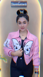 Opz jaket crop wanita bahan Fleece cotton kupu kupu Bordir