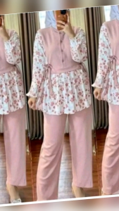 Model Baru Serena Oneset Motif Bunga Kombinasi Crinkle Airflow Mix Knitted Import - Setelan Wanita Terbaru 2024 Limitted Edittion