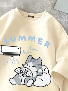 Cartoon Cat Printed Short Sleeved T-shirt Summer New Korean Style Ins Couple Loose Versatile Half Sleeved Top