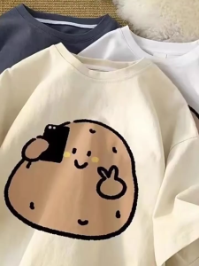 Pure Cotton T-shirt 2024 New Womens Cute Little Potato Print Short Sleeved Loose Casual Versatile Couple T-shirt