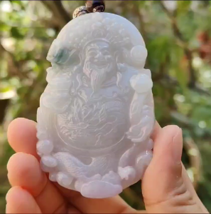 Premium Quality Lavender and Green Natural Type A Jadeite Pendant Necklace crafted with Big Fortune God Holding Ruyi with certificate weigh 77.38 grams 70 * 47 * 11.8 mm (pendant35)