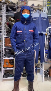 Quần áo jean(vải bò) bảo hộ thợ hàn có mũ vải tốtkhoét lỗ dùng quạt séc kéoK LOGO(sản phẩm chưa bao gồm quạt)_A67