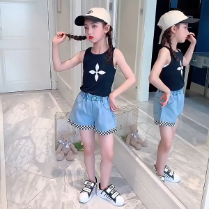 Korean Denim Short for Kids Girls Jeans Shorts for Kids Elastic Waist Loose Summer Pants Suitable 5-10Years