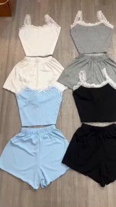 [ Hàng mới về ] Sét đồ bộ nữ áo 2 dây thun phối ren viền chất vải thun tăm lạnh freesize dưới 56kg MA16D
