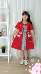 Baju Pakaian Anak Cewek Perempuan Dress Kaos Katun Usia Tanggung Umur 5 6 7 8 Tahun Bordir Flamingo