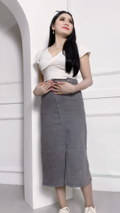 Bunny Skirt - Rok Jeans Panjang 7/8 Highwaist A Line Wanita Korean Style Belah Depan
