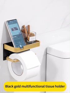 MEIDOO Luxury Metal Roll Paper Holder Thickened Aluminum Wall Mounted Drill-Free Multifunctional Mobile Phone Holder