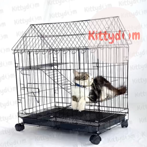 KITTYDOM Sangkar Kandang Kucing Standar Size Large L 60 x 45 x 70 cm Plus Atap Roda Kandang Model Rumah 2 Tingkat Kucing Cat Kitten Adult Anabul