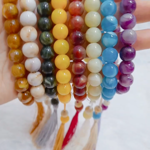 Chuỗi hạt phật acrylic giả đá thạch anh phối dây đeo tua rua vòng tay phong thủy đi chùa hạt cườm 10mm bóng đẹp