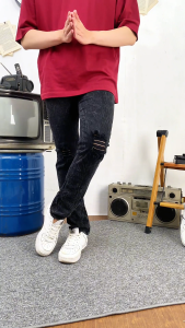 Zweckout Label - Celana Jeans Panjang Pria Sobek Lutut Ripped Bikers Hitam