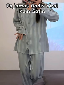 360 Outfit 2 in 1 Set Satin Long Sleeve Pyjamas Women Sleepwear Silk Pajamas Lengan Panjang Baju Tidur Perempuan Wanita Murah Pakaian Malam Winter Silk Baju Tidur Lengan Panjang Checker Box & Line Design Pants