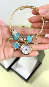 Gelang Pandora Titanium Mewah Terbaru Mix Jam Tangan Analoq Lengkap Liontin Mewah Warna Warni