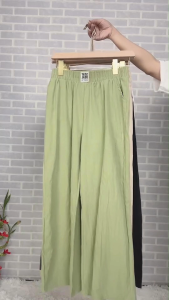 กางเกงผ้าฝ้ายและผ้าลินินผู้หญิงเอวยางยืดหลวมกางเกงแม่บางผ้าลินินขนาดใหญ่หลอดตรงวัยกลางคนและผู้สูงอายุเอวสูงกางเกงขากว้าง