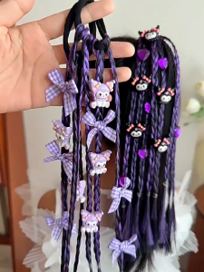 Cute Kuromi Girls Purple Wig Hair Ropes headband Mga babaeng hairpin Princess Twist Braid Elastic Hair Bands Ponytail Headwear Fashion Kids Hair Accessories Kuromi pambata wig tirintas