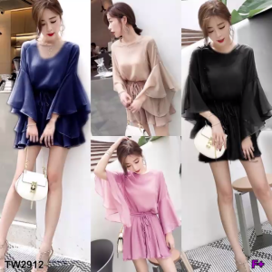 MM2912 Set ชีฟอง 2 ชิ้น เสื้อชีฟอง ทรงแขนปีกค้างคาวระบายย้วย ด้านหลัง แต่งหยดน้ำและผ่าหลัง