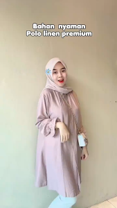 Kemeja Tunik Wanita Polos | Ghiya Tunik Polo Linen Atasan Wanita Jumbo Dengan Variasi Lengan Kerut