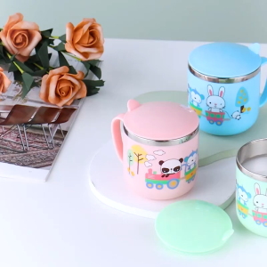 304 Stainless Steel Children's Water Cup With Handle Milk Cup With Lid Double Layer Cup