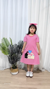 Baju Pakaian Anak Cewek Perempuan Dress Sabrina Salur Usia 1 2 3 4 5 6 7 8 Tahun Bordir Kucing