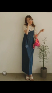 Dislocated button high waist back slit long suspender dress denim solid color simple long skirt