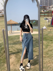 Rok Jeans denim Korea Split Rok Jeans Panjang wanita Long Skirt Rok Denim Pinggang Tinggi Seksi