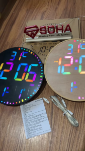 SOHA Jam Dinding Digital LED Besar 11 Inch Alarm Free Remote Warna Lampu Bisa Diatur Design Bulat