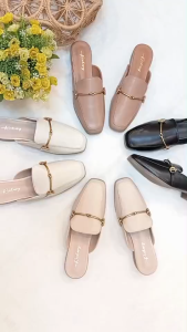 รองเท้าแฟชั่น งานพรีเมี่ยมส้นสูง 1 นิ้ว ทรงหัวตัด เปิดส้น ประดับโลหะเส้นคาดทอง หนังนิ่มใส่สบาย