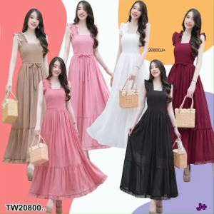 B20800 แม็กซี่เดรสแขนกุด เอวผูกโบว์Sleeveless maxi dress with bow tie waist